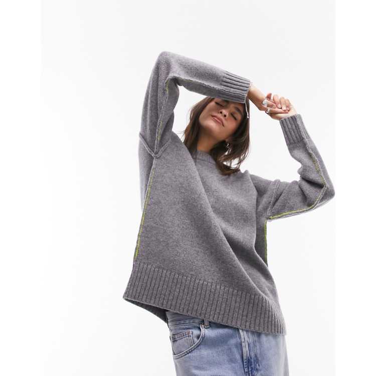 Topshop premium knit crew neck contrast seam sweater 100 lambswool sweater in gray