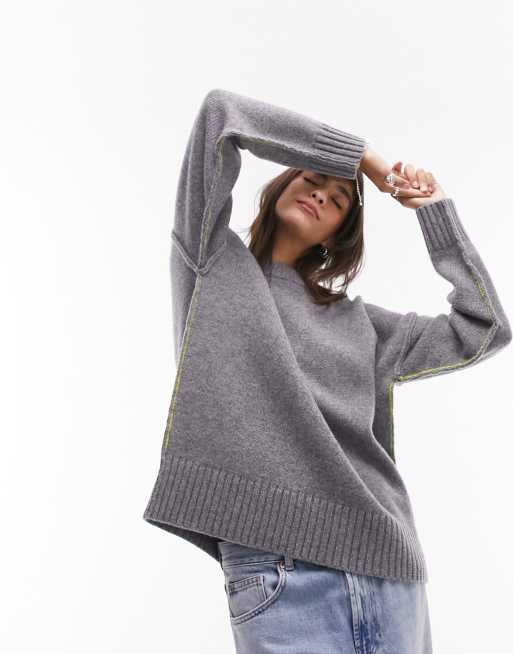 Topshop premium knit crew neck contrast seam sweater 100% lambswool sweater in gray