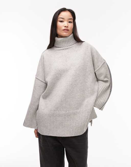 Grey sweater “oversized high roll knit pull over” & silver shoulder ba, Sweater