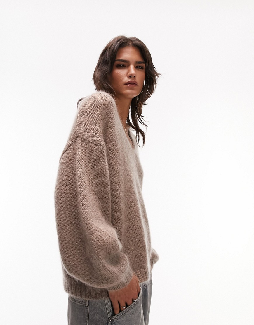 Topshop Premium Knit V-neck Mohair Sweater In Stone-neutral