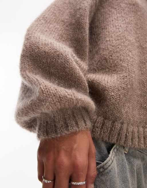 Topshop premium knit V-neck mohair sweater in stone