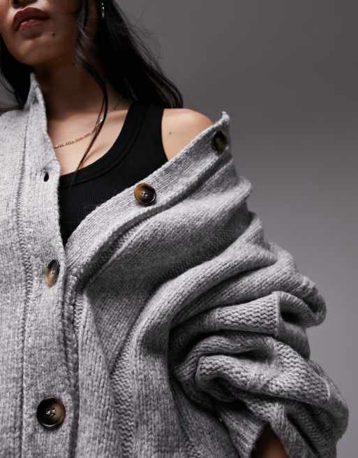 Topshop premium knit wide rib crew neck cardigan in gray