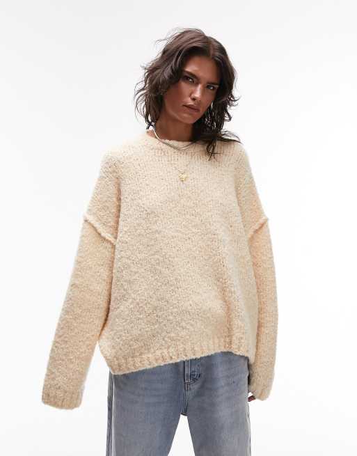 Topshop premium knitted alpaca blend boucle sweater in cream