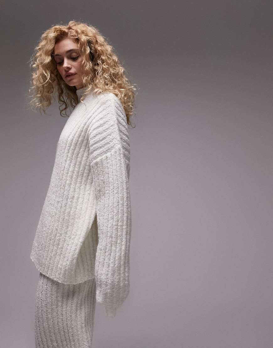 premium knitted boucle sweater in cream-White