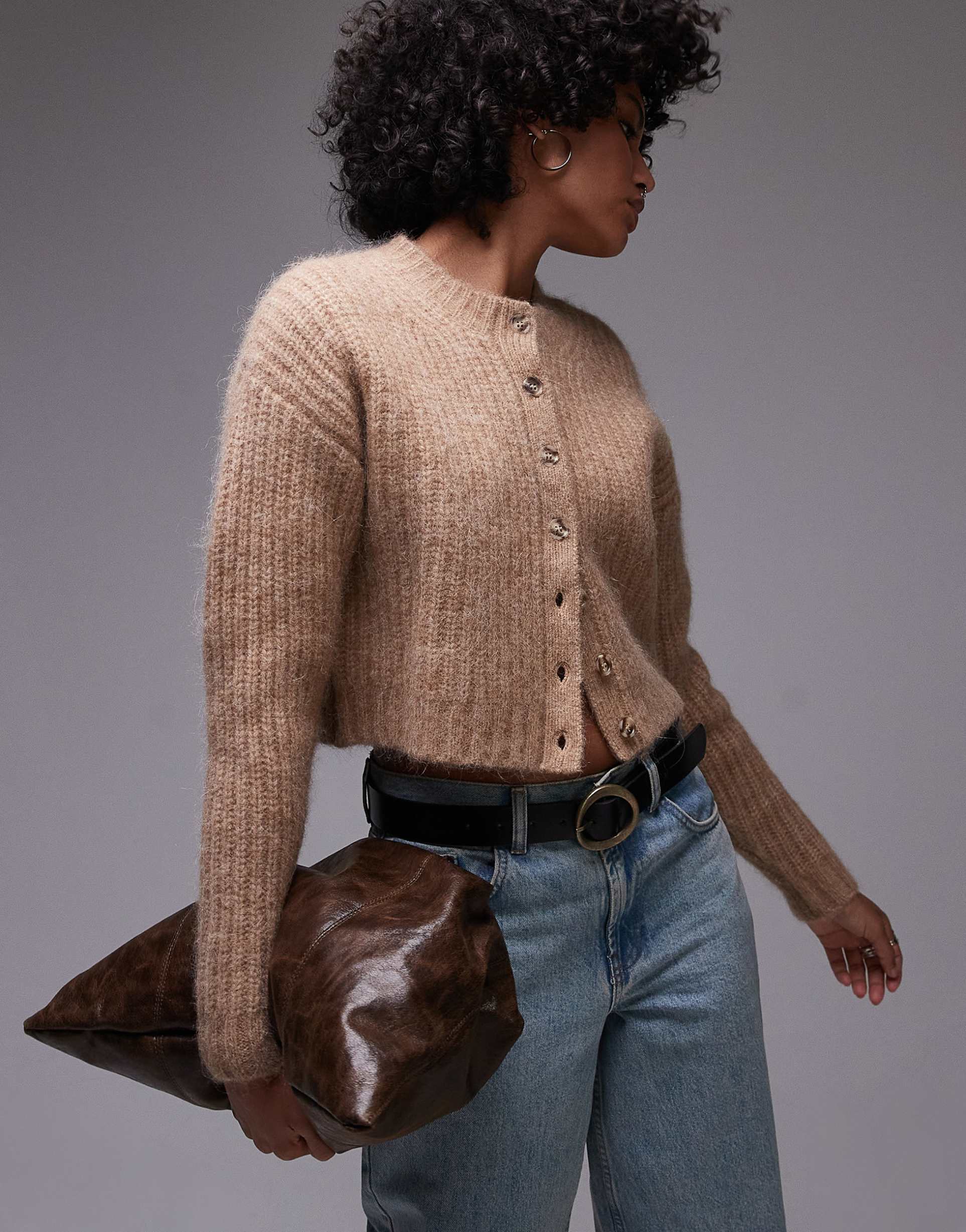 topshop premium knitted crew fluffy alpaca cardigan in oat