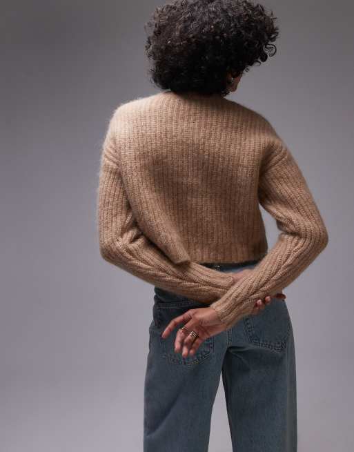 Topshop premium knitted crew fluffy alpaca cardigan in oat | ASOS