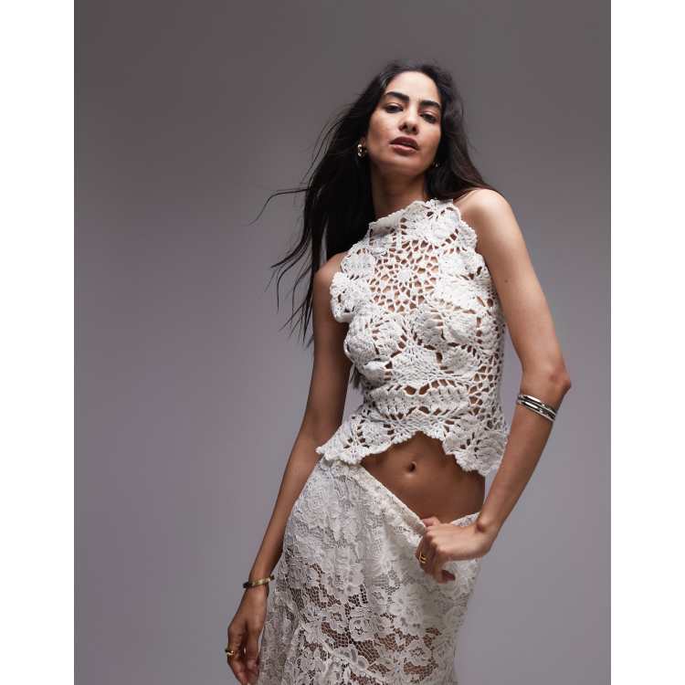 Topshop premium knitted crochet style open back top with