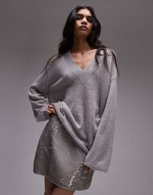 premium knitted fine gauge mohair v neck relaxed sweater in light gray