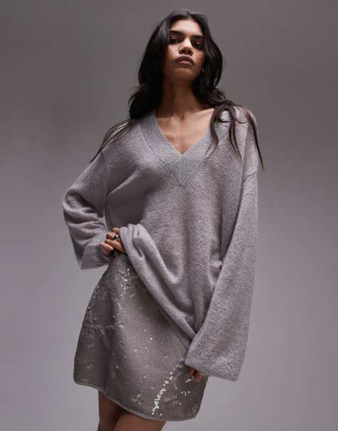 Topshop premium knitted fine gauge mohair v neck relaxed sweater in light gray - view 1