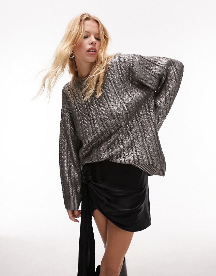 Topshop premium knitted metallic printed cable jumper in silver
