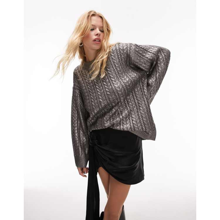 Topshop silver metallic knit jumper. Cable knit, Relaxed fit with crew neck and drop shoulders. 