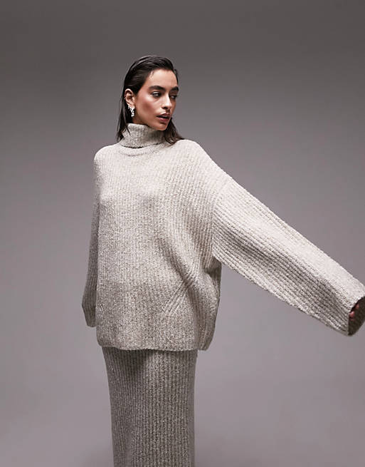 Topshop premium knitted plated boucle wide sleeve roll neck jumper in ...
