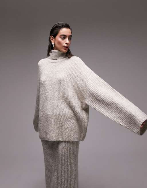 Topshop premium knitted plated boucle wide sleeve roll neck sweater in oat