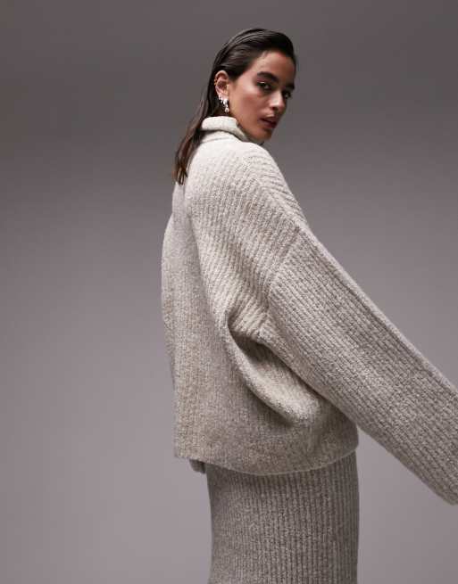 Topshop premium knitted plated boucle wide sleeve roll neck sweater in oat