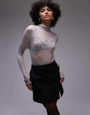 premium knitted sheer cashmere grown on neck top in gray-Black