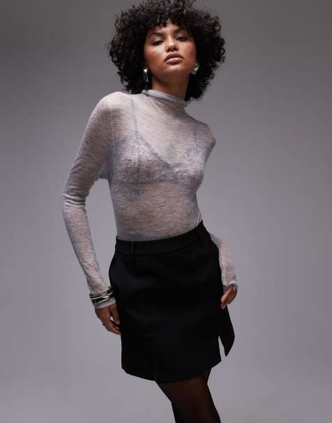Topshop premium knitted sheer cashmere grown on neck top in gray - view 1
