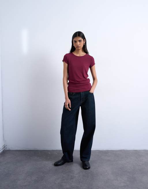 Topshop – Premium – Kurzärmliges, geripptes T-Shirt in Burgunderrot, 2 von 4