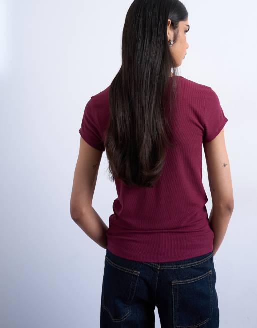 Topshop – Premium – Kurzärmliges, geripptes T-Shirt in Burgunderrot, 3 von 4