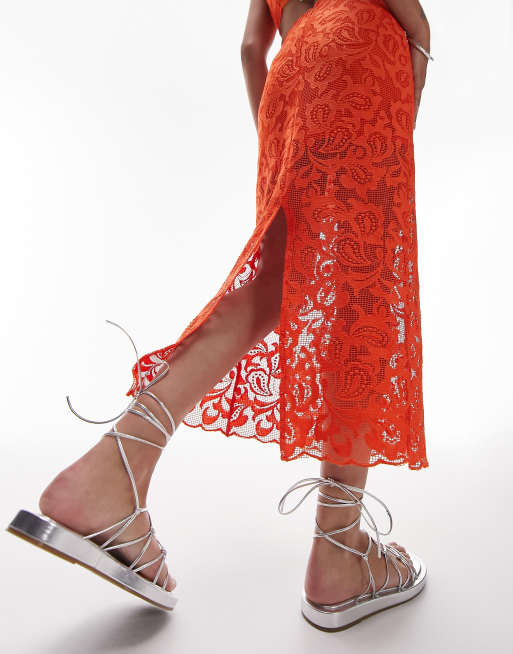 Topshop Premium Lace Detail Midi Skirt in Orange Part of A set Brown