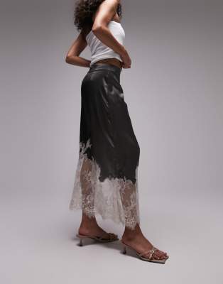 Topshop premium lace insert midi skirt in charcoal and cream - ASOS Price Checker