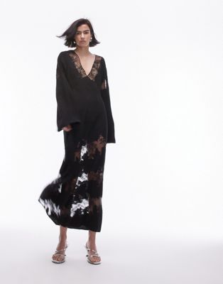 Topshop Premium Lace Insert V Neck Maxi Dress In Black
