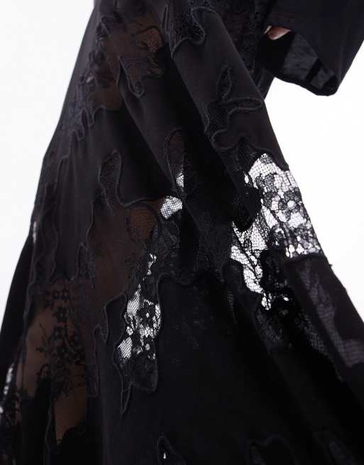 Topshop premium lace insert v neck maxi dress in black | ASOS