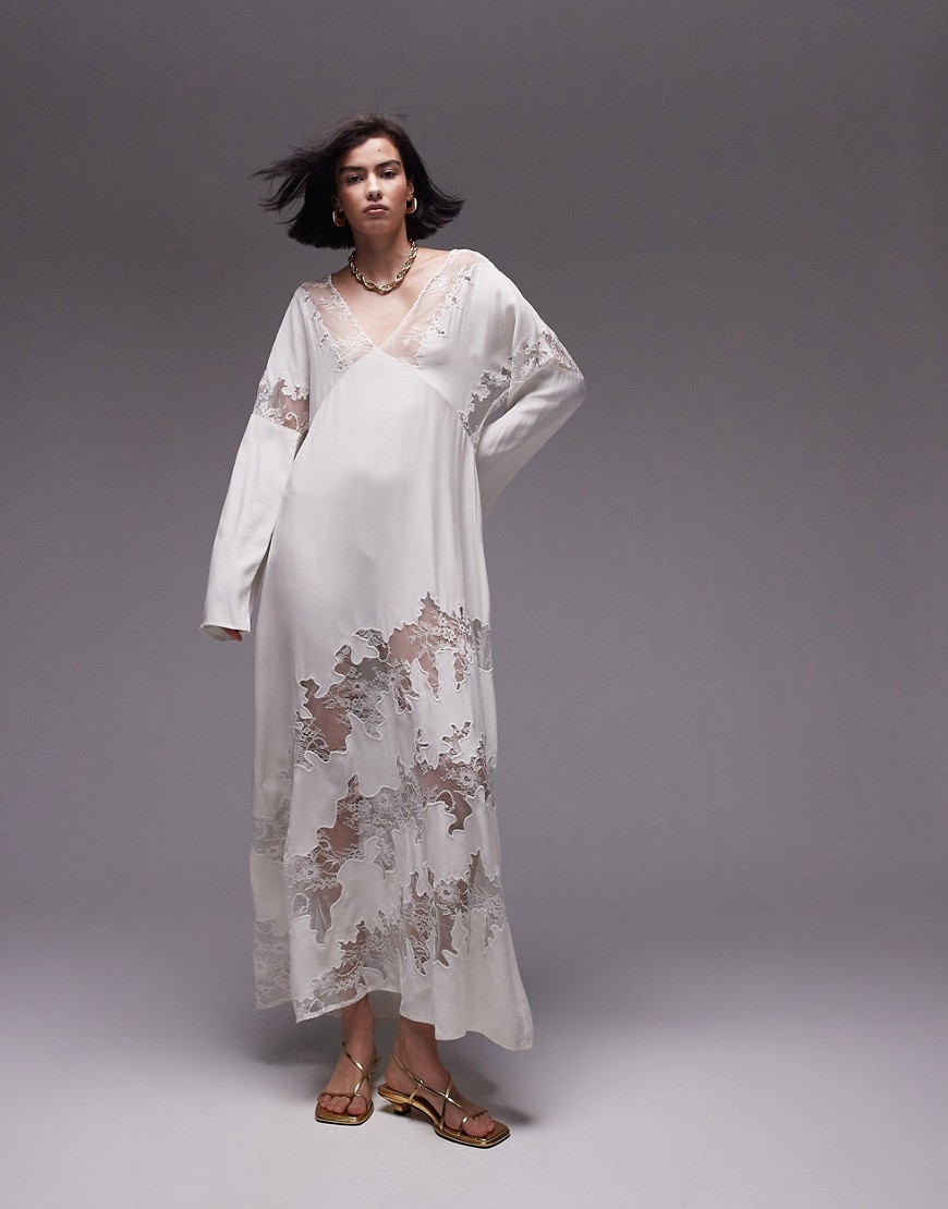 Topshop Premium Lace Insert V Neck Maxi Dress In Ivory-white