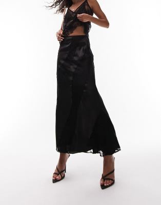 Topshop Premium Lace Satin Midi Skirt In Black