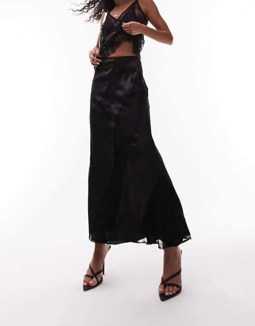 Topshop Tie Front Circle Satin skirt in black