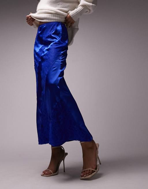 Topshop premium lace satin midi skirt in cobalt | ASOS