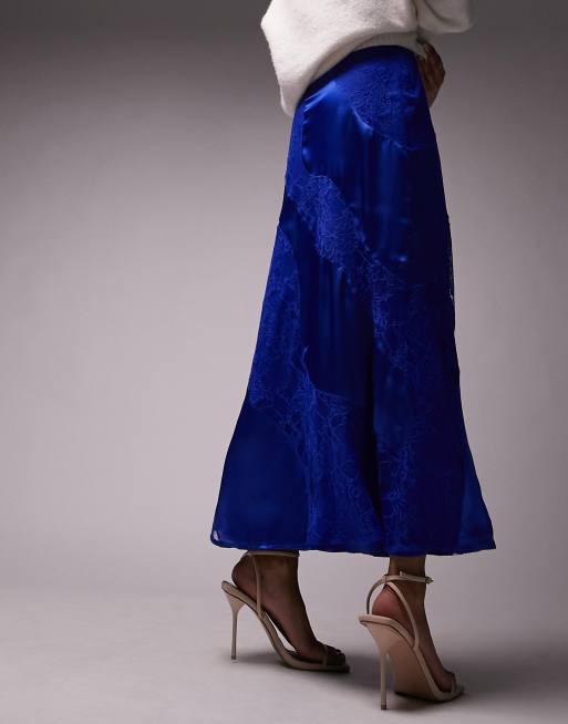 Topshop premium lace satin midi skirt in cobalt, 3 of 4