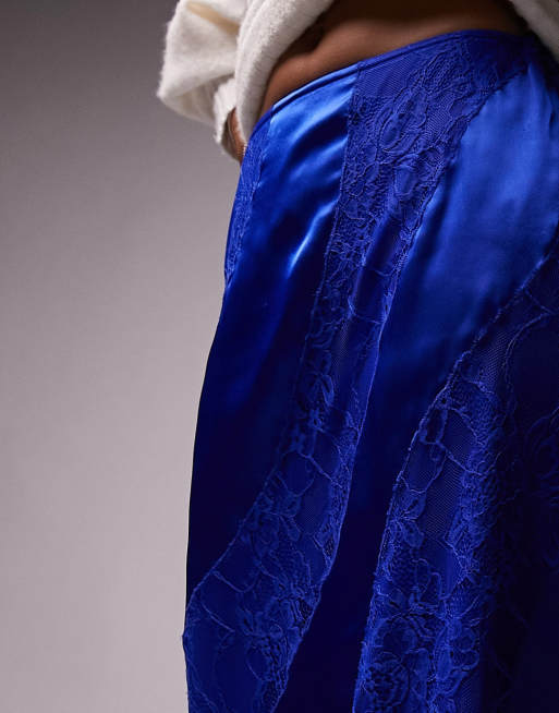 Topshop premium lace satin midi skirt in cobalt, 4 of 4
