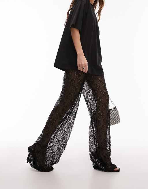 Topshop premium lace straight leg trouser in black