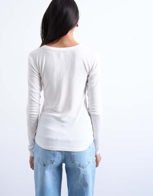 Topshop – Premium – Langärmliges, geripptes Oberteil in Ecru mit weitem U-Ausschnitt, 4 von 4