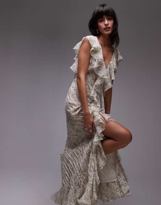 Topshop - Premium - Lange jurk met ruches, plat gestikte plooien en bloemenprint in zachtgrijs