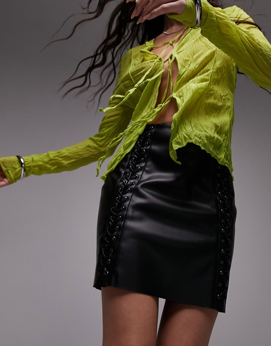 Topshop premium leather look double lattice lace up mini skirt in black