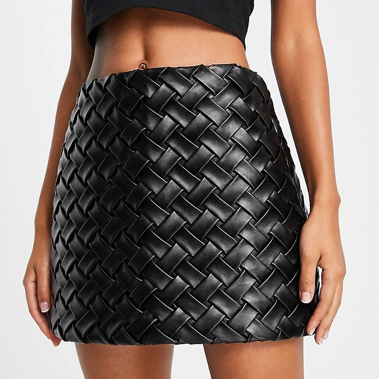 Topshop premium leather look woven mini skirt in black | ASOS