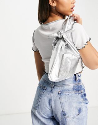 Topshop premium leather one strap grab bag in silver