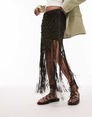 premium leather woven tassel mini skirt in black