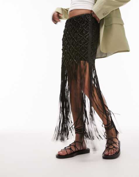 Topshop premium leather woven tassel mini skirt in black - view 1