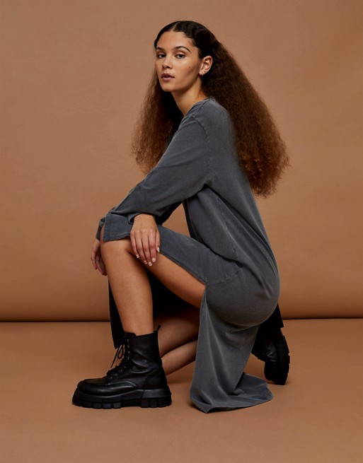 Topshop Premium Leisure distressed t-shirt dress in charcoal