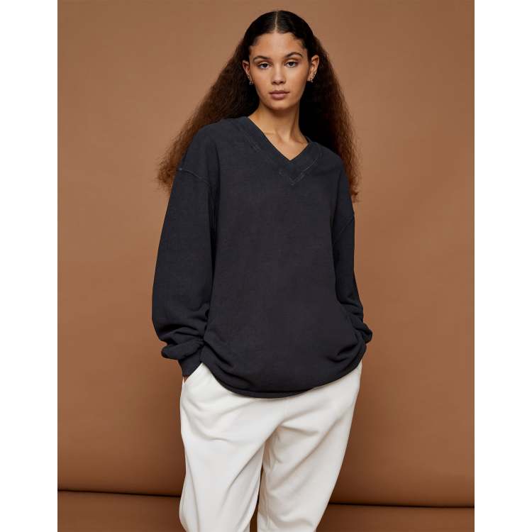 Topshop premium leisure grey v neck sweatshirt in charcoal | ASOS