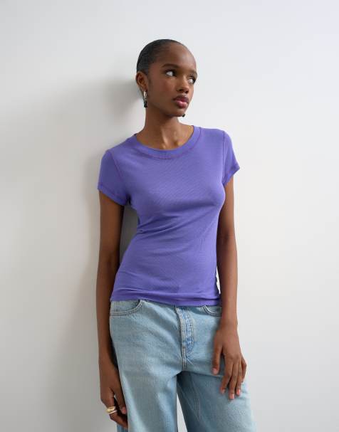 Topshop – Premium – Lila, skir, ribbad topp med korta ärmar - view 1