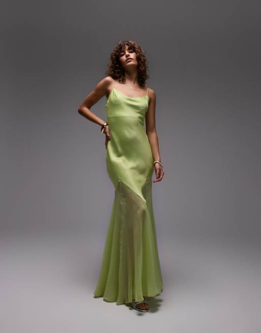 Topshop Premium – Limonkowa sukienka midi z różnych tkanin z godetami na dole