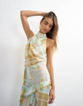 Topshop premium linen blend halter neck lace hem occasion maxi dress in check