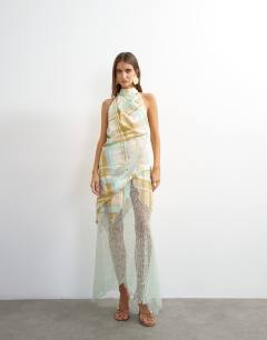 Model wearing Premium linen blend halter neck lace hem occasion maxi dress in check