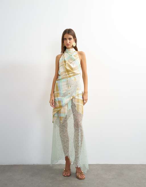 Topshop premium linen blend halter neck lace hem occasion maxi dress in check, 2 of 4