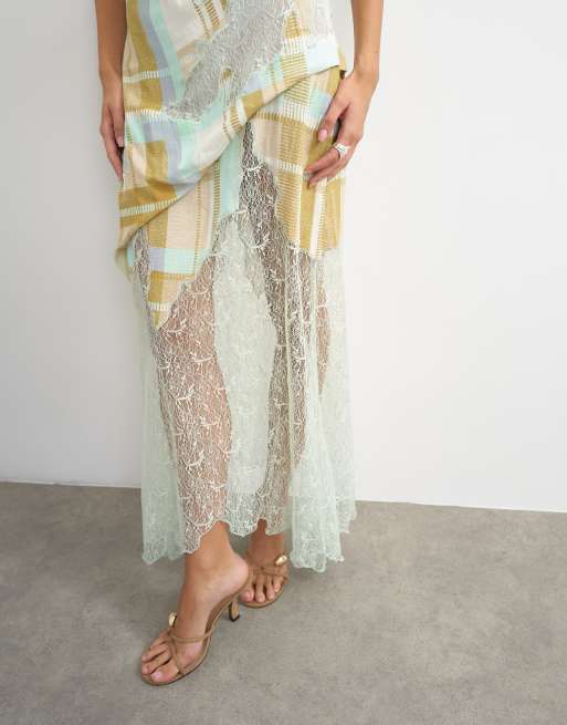 Topshop premium linen blend halter neck lace hem occasion maxi dress in check, 3 of 4