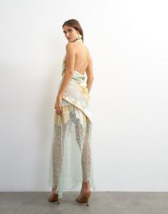 Model wearing Premium linen blend halter neck lace hem occasion maxi dress in check