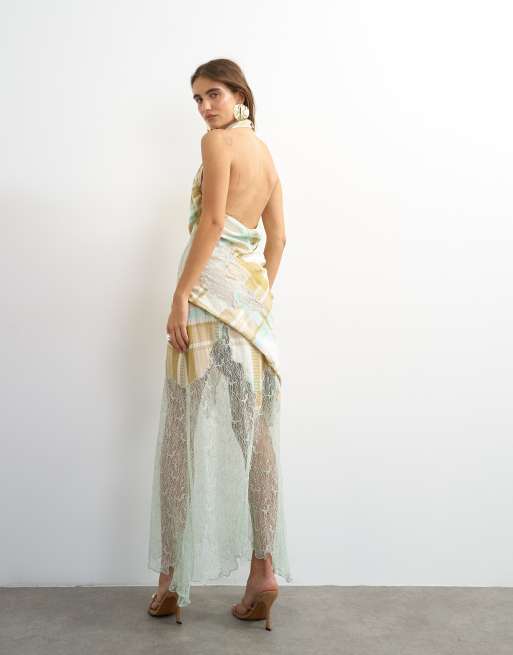 Topshop premium linen blend halter neck lace hem occasion maxi dress in check, 4 of 4